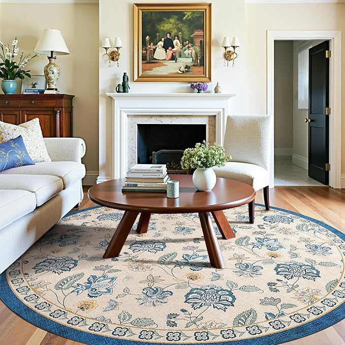jinchan Elora 8ft Floral Round Rug for Dining Room Washable Living Room Rug Vintage Romance Design Non Slip Indoor Floor Cover Lightweight Low-Profile Throw Carpet for Bedroom Porch Patio, Blue/Beige