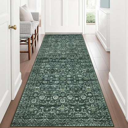 Vintage Runner Rug 3x8, Dark Green Washable Kitchen Runner Non-Slip Soft Hallway Rug Runner Thin Print Faux Wool Carpet for Entryway Bedroom Laundry Room Indoor Home Office Decor