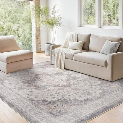 Marsail Area Rug 6x9, Soft & Slip-Resistant Large Area Rug with Reinforced Bound Edges, Vintage Short-Pile Washable Rug with Floral Pattern for Living Room, Dinning Room and Bedroom, Brown