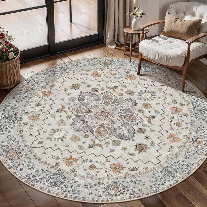 Tangsoo Vintage Round Rug 4ft Washable Circle Rug, Non Slip Small Boho Round Rug, Low Pile Circular Rugs, Round Carpet for Bedroom,Entryway,Nursery,Dorm,Kitchen,Grey