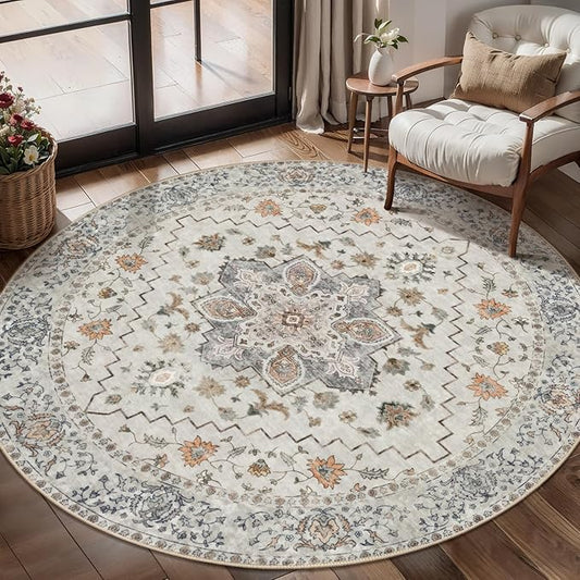 Tangsoo Vintage Round Rug 4ft Washable Circle Rug, Non Slip Small Boho Round Rug, Low Pile Circular Rugs, Round Carpet for Bedroom,Entryway,Nursery,Dorm,Kitchen,Grey