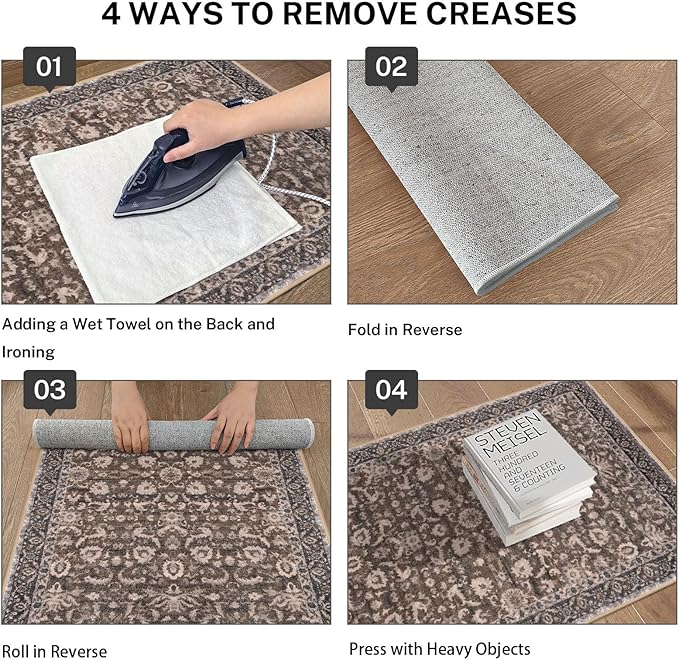 Vintage Floral 2x5 Runner, Mocha Brown Washable Hallway Runner, Non-Slip Kitchen Runner, Super Soft Thin Printed Faux Wool Carpet for Entryway, Front Door, Backdoor Bedside