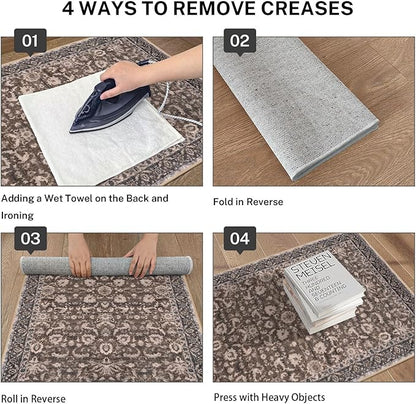 Vintage Floral 2x6 Runner Rug, Mocha Brown Washable Kitchen Runner Rug Non-Slip Hallway Rug Runner Boho Thin Printed Faux Wool Super Soft Carpet for Entryway Bedroom Laundry Room Indoor