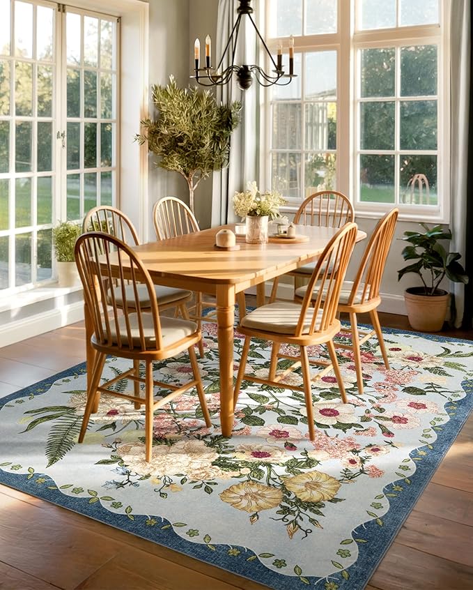 Floral Washable 5x7 Area Rugs - Living Room Rug Non Slip Low Pile Stain Resistant Carpets Indoor Vintage Flower Print Rug for Bedroom Dining Room Kitchen Home Office, Blue