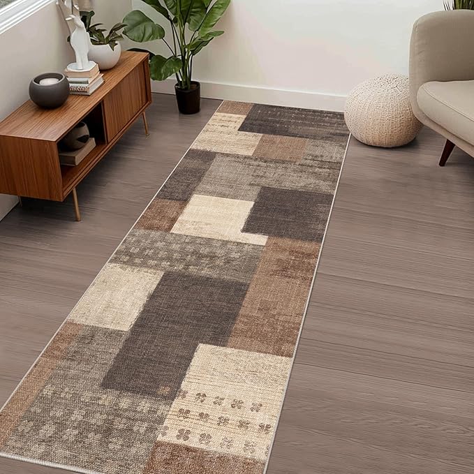 Modern Geometric Patchwork Indoor Runner Rug for Living Room, Beige 2'x 6' Large Rug Rockwood Collection Hardwood Floors Decor for Bedroom, Beige Throw Carpet for Office Entryway Dining Room