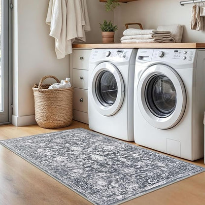 KILOCOCO Area Rug 3x5 Entryway Rug Washable Printed Vintage Floral Rubber Backed Non Slip Indoor Kitchen Rugs for Living Room Laundry Room Playroom Mudroom Moroccan Area Rugs, Grey