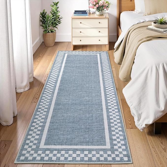 Rug Runners for Hallways 2x8 Washable Kitchen Runner Rug Non Slip Low Pile Bedside Throw Carpet Modern Bordered Bathroom Runners Checkered Area Rug for Living Room Bedroom Entryway Nursery, Blue