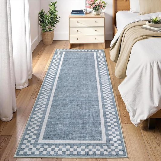 Rug Runners for Hallways 2x8 Washable Kitchen Runner Rug Non Slip Low Pile Bedside Throw Carpet Modern Bordered Bathroom Runners Checkered Area Rug for Living Room Bedroom Entryway Nursery, Blue