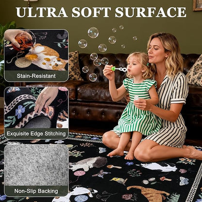 5x7 Area Rugs Living Room Rug: Vintage Washable Rug Floral Soft Carpet Indoor Floor Non-Slip Boho Stain Resistant Large Carpets for Bedroom Kids Nursery Dining Room Farmhouse Home Office Black/C01