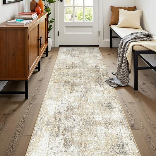 Washable Area Rugs 2'x8' Non-Slip Modern Abstract Soft for Living Room Entryway Bedroom Nursery, Print Pattern, Neutral Brown Gray