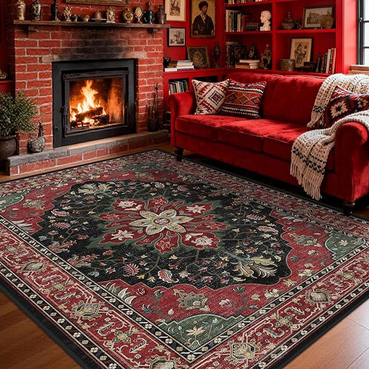 Area Rugs 9'x12' Washable Non-Slip, Floral Vintage Distress Print Pattern Medallion Carpet for Living Room Bedroom Dining Room, Red Black