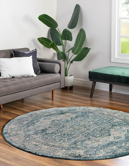 Unique Loom Isabella Collection Area Rug - Adjani (5' 1" Round, Blue/ Beige)