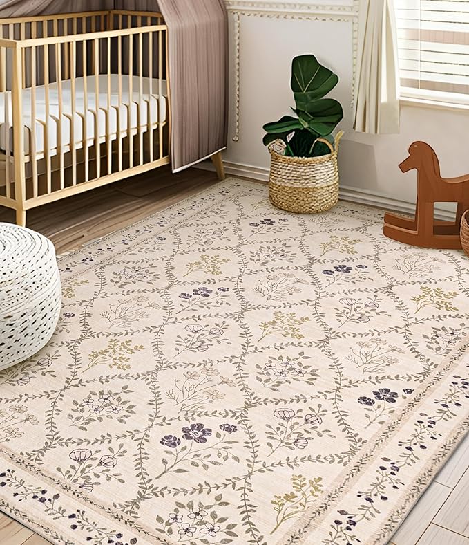 YIHOUSE 6x9 Washable Rug for Bedroom, Beige Floral Rugs for Living Room Non Slip Ultra-Thin Large Boho Rug for Kids Playroom, Classroom, Girls Dorm, Nursery, Beige Multi