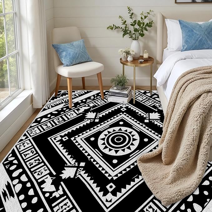 Area Rugs for Living Room 5x6, Moroccan Washable Low Pile Rug, Boho Neutral Farmhouse Ultra Soft Carpet for Bedroom Dining Room Home Decor, Geometric Print Tribal Carpets Black and White