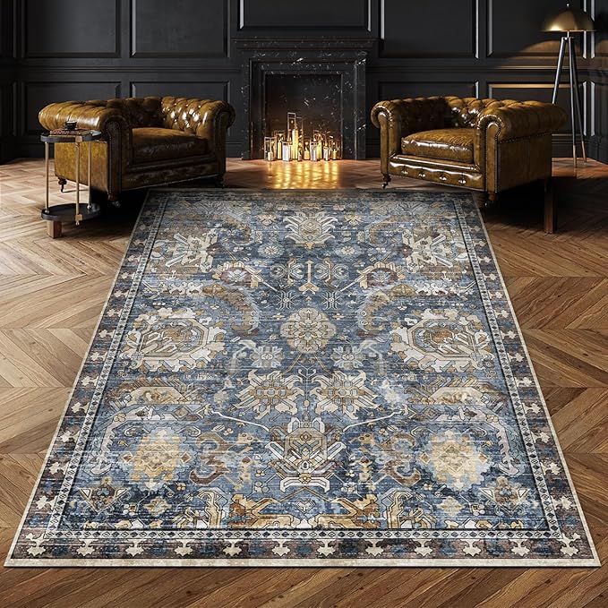 RUGSURE Washable Area Rugs - Stain & Water Resistant Non-Slip Backing - Pet & Child Friendly Vintage Tribal Design in Navy with Beige, Brown & Gold Accents - Ideal for Living Room (8' x 10')