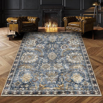 RUGSURE Washable Area Rugs - Stain & Water Resistant Non-Slip Backing - Pet & Child Friendly Vintage Tribal Design in Navy with Beige, Brown & Gold Accents - Ideal for Living Room (8' x 10')