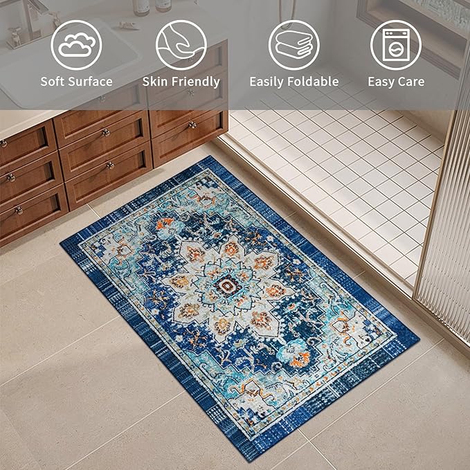 Easy-Going Boho Area Rug 2x3 Washable Entryway Rugs Front Door Mat Indoor Entrance Non-Slip Tangerine Vintage Small Entry Rug Lightweight for Living Room Bedroom Kitchen Bathroom, Floral Aqua Yellow