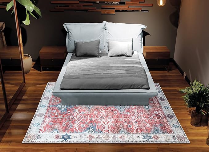 Bloom Rugs Washable Non-Slip 5' x 7' Rug - Red/Blue Traditional Area Rug for Living Room, Bedroom, Dining Room, and Kitchen - Exact Size: 5' x 7'