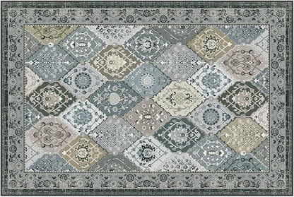 Phantoscope Washable Area Rug 4'x6' Non-Slip, Vintage Boho Rugs for Living Room, Bedroom, Dining Room, Distressed Moroccan Mosaic Diamond Pattern, Low-Pile Foldable Floor Carpet, Grey Charcoal