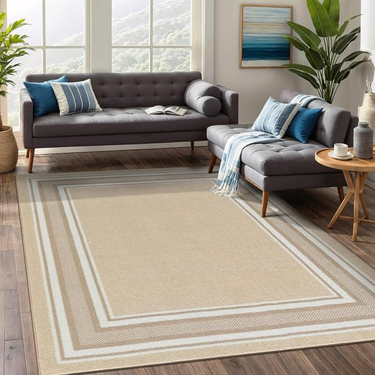 Beverly Rug Non Slip Area Rugs 3x5 Modern Bordered Non Skid Rubber Backing Soft Area Rug for Living Dining Room Easy to Clean Non Shedding Kitchen Bedroom Indoor Carpet 3 x 5 Beige