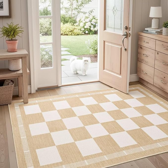 Vasofe 3x5 Plaid Rug, Jute Rugs, Washable Outdoor Indoor Checkered Carpets, Entryway Bedroom Potio Porch Kitchen Carpet, Non Slip Farmhouse Neutral Office Laundry Floor Mat, Khaki and White