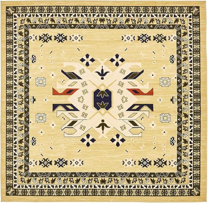 Unique Loom Taftan Collection Border Geometric Tribal Inspired Design Area Rug (8' 0 x 8' 0 Square, Gold/ Gray)