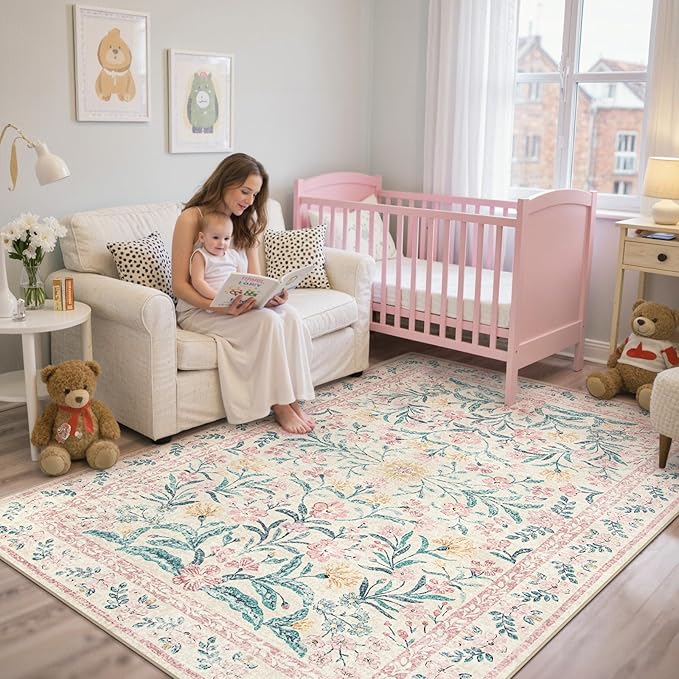 Lahome Pink Boho Rugs for Living Room 5x7, Washable Area Rugs for Bedroom Girls Decor Non Slip, Soft Floral Low-Pile Nursery Carpet for Kids Dining Room Indoor, Pink/Multi