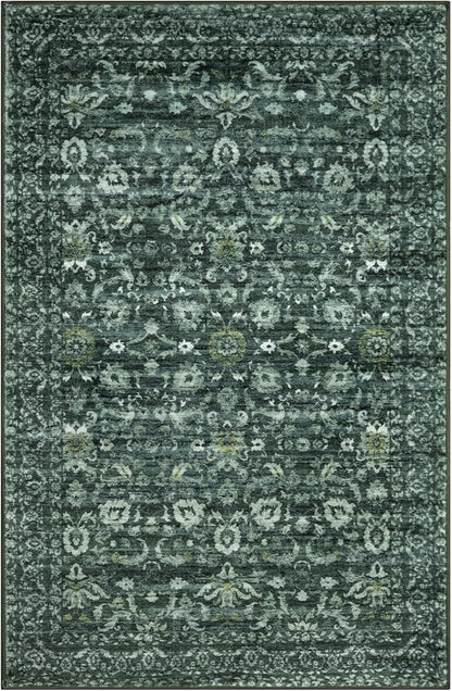Vintage Floral 5x7 Rug, Dark Green Washable Area Rug for Bedroom, Non Slip Living Room Rug Boho Thin Printed Faux Wool Super Soft Floor Carpet for Nursery Playroom Dining Room Indoor Office