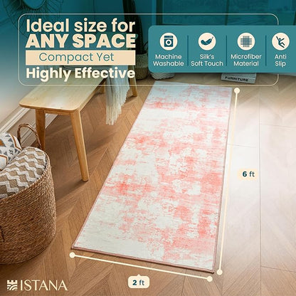 Istana Hallway Runner Rug 2x6 - Pink Kitchen Rugs Non Slip Washable -Silk's Soft Touch Carpet Runner - Stylish Rug Runner for Home