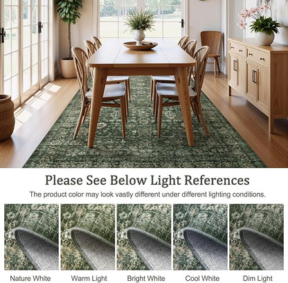 Morebes Vintage Throw Rugs, 3x5 Washable Rug Non Slip, Soft Area Rug for Bedroom, Distressed Non-Shedding Floral Rug for Entryway Bathroom Kitchen Foyer Bedside Playroom Christmas Decor,Dark Green