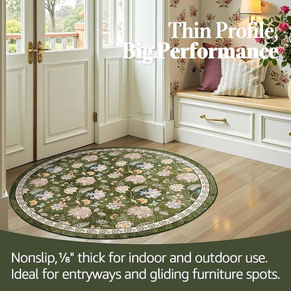 jinchan Elora 4ft Floral Round Rug for Entryway Washable Kitchen Rug Vintage Romance Design Non Slip Indoor Doormat Lightweight Low-Profile Throw Carpet for Living Room Dining Room Bedroom, Green