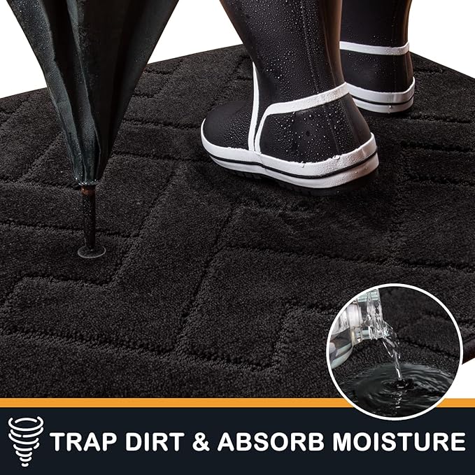 PURRUGS Dirt Trapping Door Mat 24" x 35.5", Non-Slip Machine Washable Entry Rug, Shoe Scraper, Dog Doormat, Super Absorbent Welcome Mat for Front & Back Door, Muddy Wet Shoes & Paws, Black