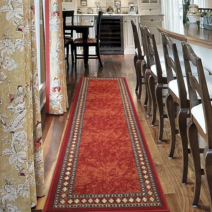 Antep Rugs Alfombras Modern Bordered 2x10 Non-Skid (Non-Slip) Low Profile Pile Rubber Backing Indoor Area Runner Rugs (Maroon Beige, 2' x 10')