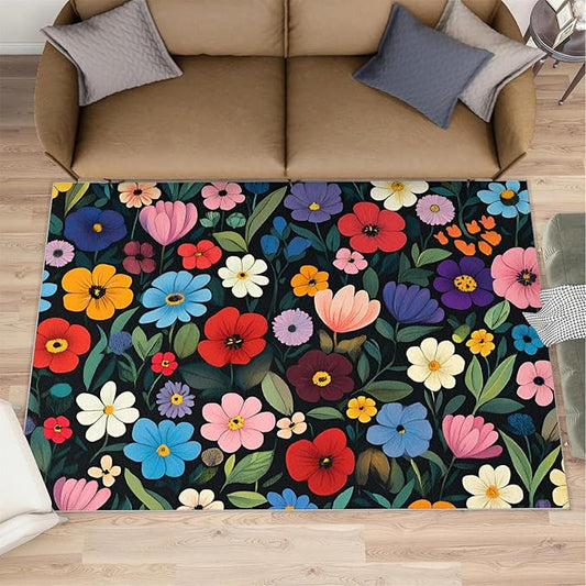 Boho Flowers Rugs for Bedroom - 5x6 Area Rug - Cartoon Flowers Rugs for Living Room, Abstract 3D Floral Rug, Non-Slip Washable Home Decor Carpet