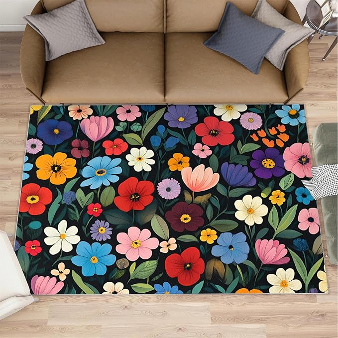 Boho Flowers Rugs for Bedroom - 4x5 Area Rug - Cartoon Flowers Rugs for Living Room, Abstract 3D Floral Rug, Non-Slip Washable Home Decor Carpet