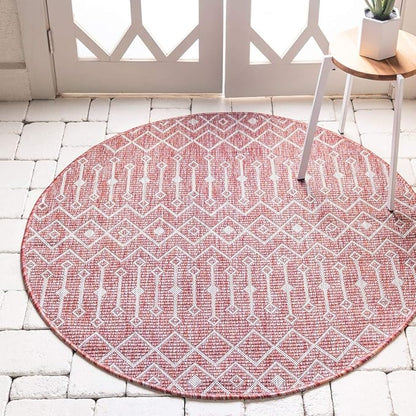 Unique Loom Outdoor Trellis Collection Area Rug - Tribal Trellis (4' 1" Round, Rust Red/ Ivory)