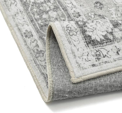 Gray 6x9 Area Rug Washable Vintage Living Room Carpet Non Slip Retro Distressed Low Pile Soft Oriental Medallion Thin Large Grey Throw Rug for Office Bedroom Dining Room Playroom