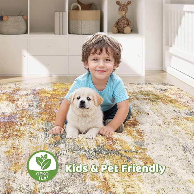 5x7 Area Rugs Living Room: Machine Washable Large Abstract Modern Soft Rug Stain Resistant Indoor Floor Non-Slip Accent Carpet for Bedroom Nursery Playroom Office Dining Room Dorm- Gold Colorful