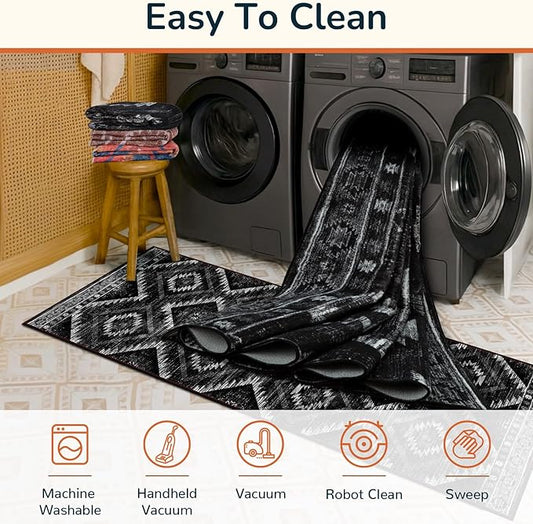 Area Rug 2x10 Rug Machine Washable Non-Slip Low Pile Print Pattern Western Rug for Living Room Bedroom Entryway Tribal Series-Black