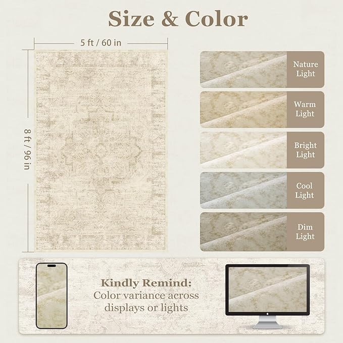 Neutral Beige Area Rugs 5x8, Non Slip Washable Rug for Living Room Bedroom, Medallion Distressed Printed Low Pile Thin Carpet Rugs for Dining Room/Kitchen/Home Office