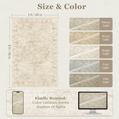 Neutral Beige Area Rugs 5x8, Non Slip Washable Rug for Living Room Bedroom, Medallion Distressed Printed Low Pile Thin Carpet Rugs for Dining Room/Kitchen/Home Office