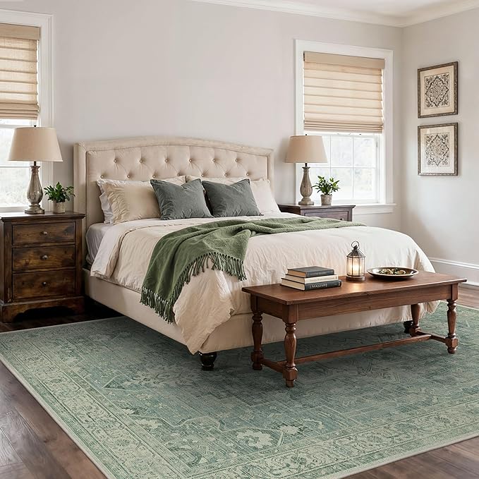 8x10 Area Rugs for Living Room, Machine Washable Non Slip Vintage Rugs, Low Pile Lightweigt Print Indoor Rug for Bedroom, Dining Room, Home Office, Green