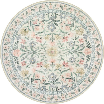 Lahome Round Boho Floral Rugs 4ft, Cream Washable Circle Rugs for Bedroom Nursery, Vintage Beige Circular Carpet, Soft Non-Slip Carpet for Kids Room Playroom Calm Corner, Beige