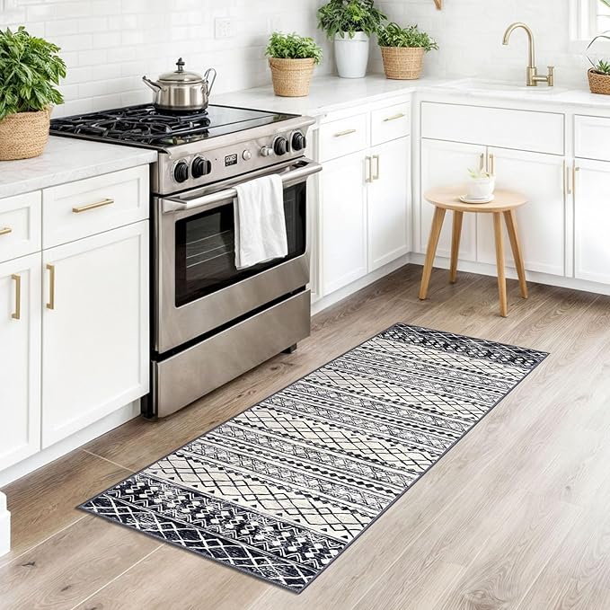 KUTA Moroccan Washable Runner Rugs 2x5, Non-Slip Vintage Black Navy Blue Boho Hallway Kitchen Rugs Ultra Soft Geometric Floor Carpet Runners for Bedroom Laundry Living Room