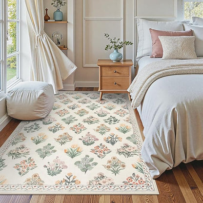 Wonnitar 5x7 Rug for Bedroom Decor, Washable Nursery Rug for Baby, Neutral Ultra-Thin Non Slip Floral Print Carpet for Kids Room Farmhouse Living Room Office, Cream Beige