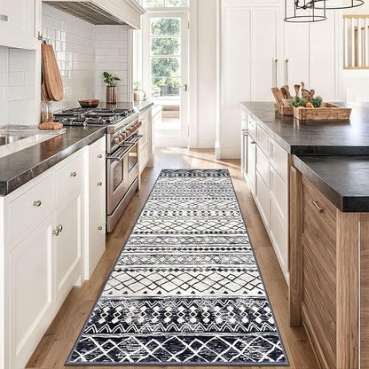 KUTA Moroccan Kitchen Rugs 3x8, Non-Slip Vintage Black Navy Blue Boho Hallway Runner Rug Ultra Soft Print Geometric Floor Carpet Runners for Bedroom Laundry Living Room