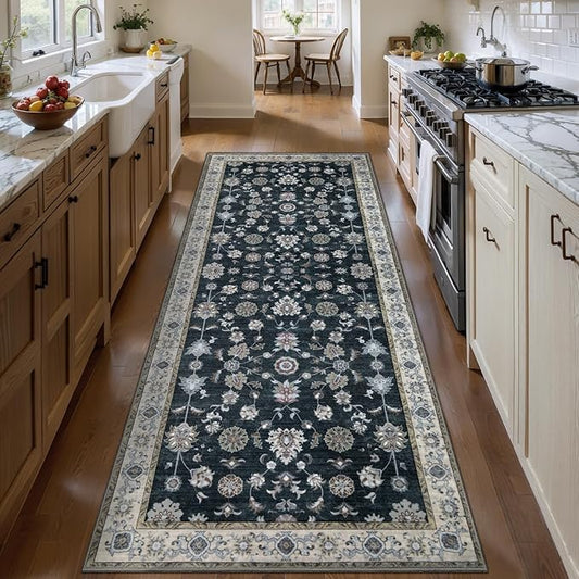 Tangsoo Floral Runner Rug 2x6 Washable Rug for Hallway, Non-Slip Vintage Black Runner Rug for Entryway Indoor, Brown Print Carpet Runner Rugs, Soft Low Pile Long Rug Runner for Kitchen