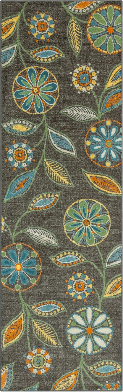 Maples Rugs Reggie Floral Runner Rug - Made in USA - Washable, Non Slip Indoor Carpet for Kitchen, Hallway, and Laundry Room, 2'6" x 8', Dark Grey