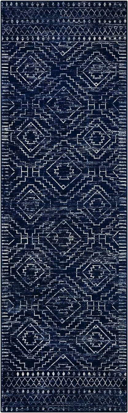 Wonnitar Washable Runner Rug for Kitchen, 2'6"x8' Moroccan Blue Hallway Carpet Runner, Non-Slip Long Geometric Rustic Entryway Floor Runner Soft Throw Mat for Bedroom Bathroom Closet (Blue,2'6"x8')