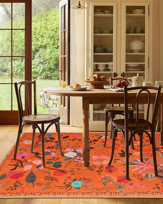 Boho Washable Area Rug 6x9 for Living Room, Bedroom, Office, Playroom, Kitchen or Dining Room, Soft Floral Carpet for Indoor Use, Easy Care Non-Slip Design (Orange)